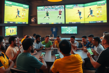 Ambiente de aposta esportiva animado com apostadores analisando odds para o jogo Cuiabá x América-MG em bar moderno