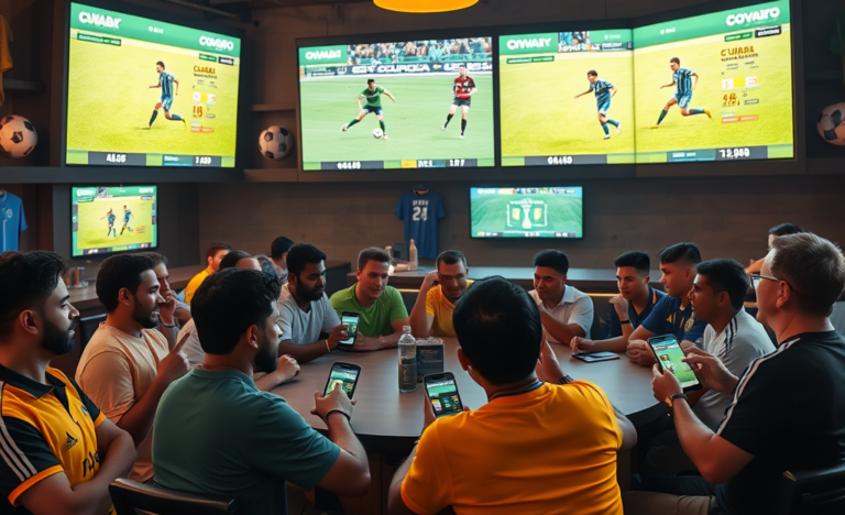 Ambiente de aposta esportiva animado com apostadores analisando odds para o jogo Cuiabá x América-MG em bar moderno