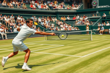 Duelo acirrado de tênis em Wimbledon entre dois jogadores em ação no gramado verde sob luz natural