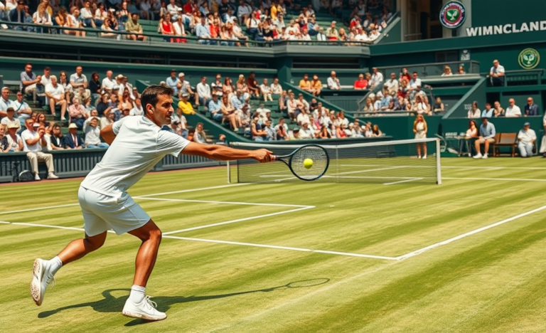 Duelo acirrado de tênis em Wimbledon entre dois jogadores em ação no gramado verde sob luz natural