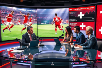 Equipe de cobertura esportiva em estúdio moderno analisando vitória da Suíça na Copa do Mundo com foco em conversão de audiência
