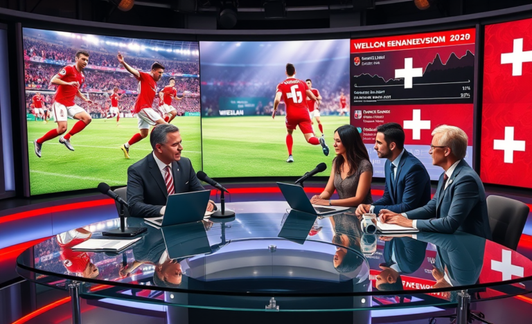 Equipe de cobertura esportiva em estúdio moderno analisando vitória da Suíça na Copa do Mundo com foco em conversão de audiência