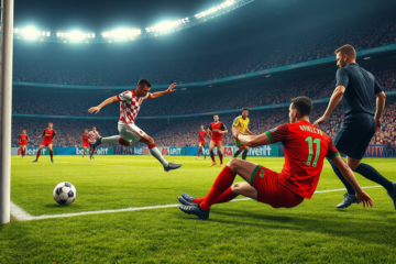 Cena em estádio de futebol com lance decisivo de gol anulado entre Croácia e Portugal sob iluminação intensa e jogadores em ação