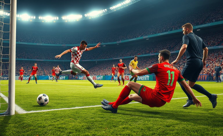 Cena em estádio de futebol com lance decisivo de gol anulado entre Croácia e Portugal sob iluminação intensa e jogadores em ação