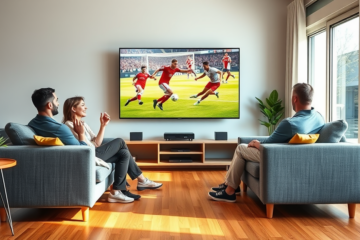 Pessoas assistindo esportes ao vivo em sala moderna com TV grande, demonstrando concentração e entusiasmo na visualização