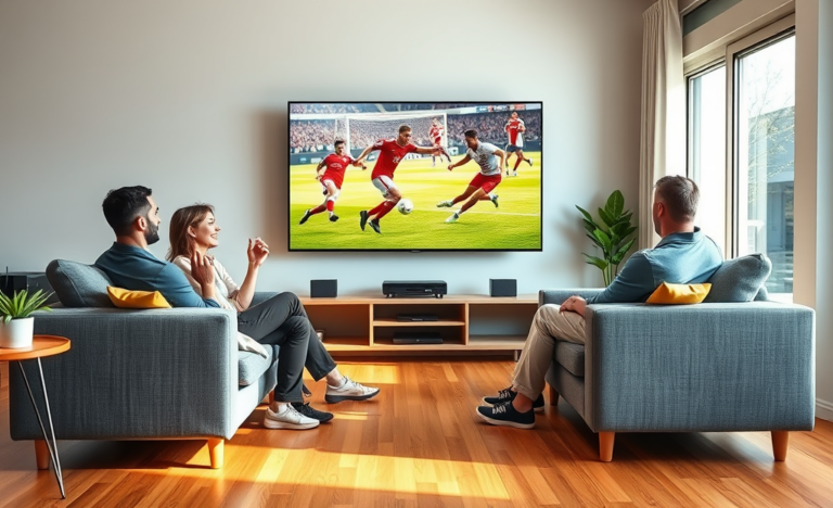 Pessoas assistindo esportes ao vivo em sala moderna com TV grande, demonstrando concentração e entusiasmo na visualização