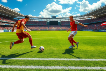 Jogo de futebol entre Espanha e Áustria em estádio durante o dia, jogadores em ação com uniformes vermelhos e amarelos, ambiente vibrante e torcida ao fundo