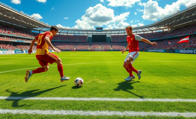 Jogo de futebol entre Espanha e Áustria em estádio durante o dia, jogadores em ação com uniformes vermelhos e amarelos, ambiente vibrante e torcida ao fundo