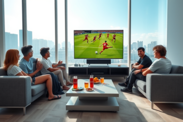 Grupo de pessoas assistindo ao vivo a transmissão do amistoso do Flamengo em uma sala moderna e iluminada
