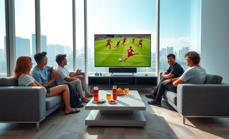 Grupo de pessoas assistindo ao vivo a transmissão do amistoso do Flamengo em uma sala moderna e iluminada