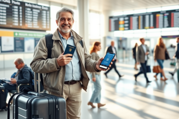 Viajante confiante no aeroporto segurando passaporte e smartphone com app de seguro de viagem internacional, cercado por malas e ambiente iluminado natural