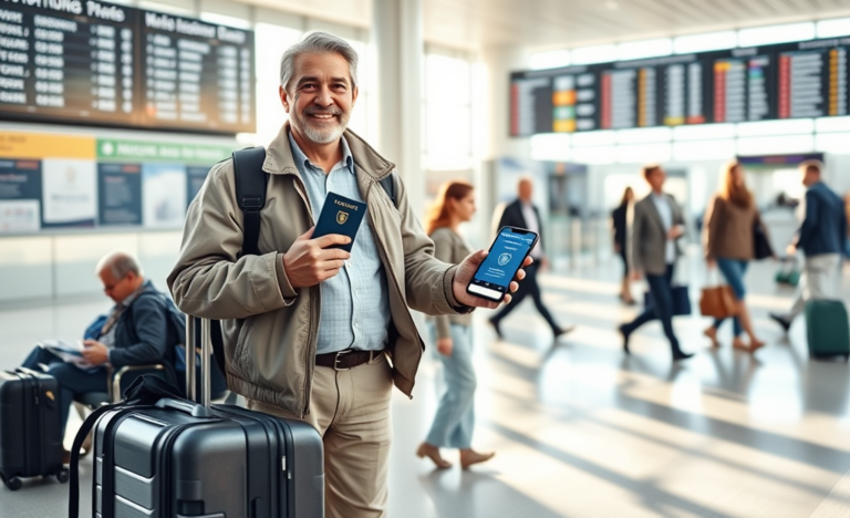 Viajante confiante no aeroporto segurando passaporte e smartphone com app de seguro de viagem internacional, cercado por malas e ambiente iluminado natural