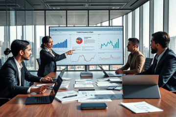Equipe profissional analisando crise reputacional em moderno escritório com gráficos e dispositivos digitais para proteger marca