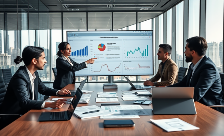 Equipe profissional analisando crise reputacional em moderno escritório com gráficos e dispositivos digitais para proteger marca