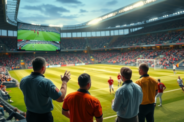 Tecnologia VAR em estádio de futebol analisando impedimento com imagens digitais precisas e árbitros focados na decisão