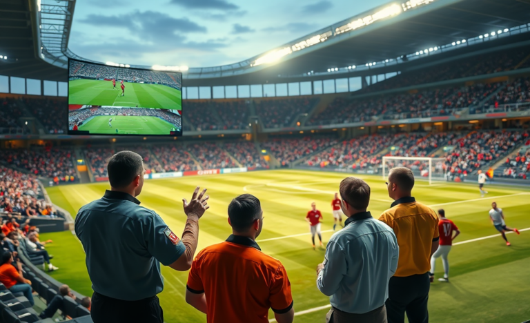 Tecnologia VAR em estádio de futebol analisando impedimento com imagens digitais precisas e árbitros focados na decisão