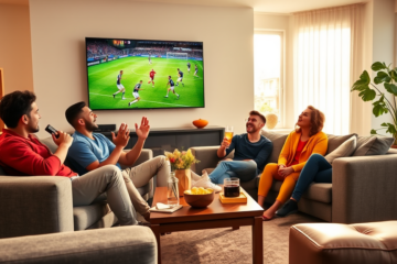 Grupo de amigos assistindo futebol ao vivo em uma sala moderna, focados e animados durante o jogo na TV grande
