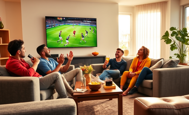 Grupo de amigos assistindo futebol ao vivo em uma sala moderna, focados e animados durante o jogo na TV grande