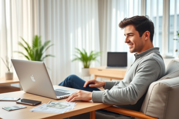 Jovem profissional satisfeito em home office recebendo empréstimo rápido online, com laptop e smartphone, ambiente iluminado e moderno