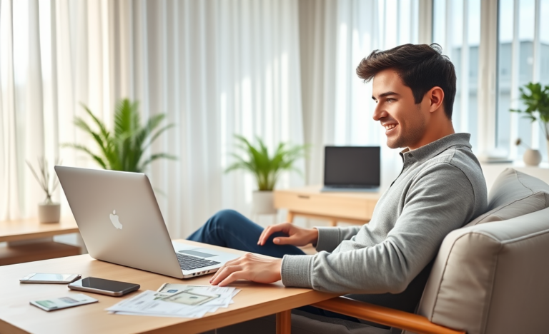Jovem profissional satisfeito em home office recebendo empréstimo rápido online, com laptop e smartphone, ambiente iluminado e moderno