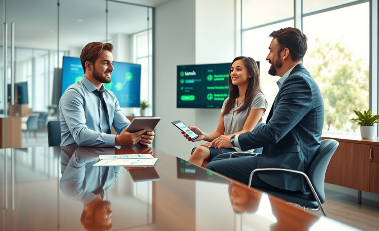 Ambiente moderno de escritório com clientes e consultor financeiro discutindo opções de empréstimo pessoal rápido com liberação ágil