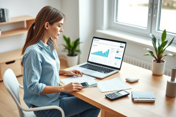 Profissional feminina trabalhando em escritório doméstico calmo, usando laptop e calculadora para solução financeira rápida com menos estresse