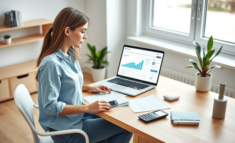Profissional feminina trabalhando em escritório doméstico calmo, usando laptop e calculadora para solução financeira rápida com menos estresse