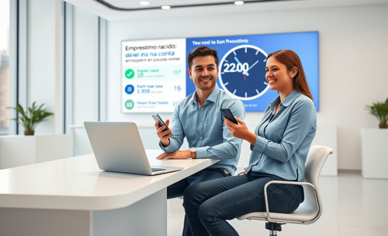 Jovem recebendo empréstimo rápido em banco moderno, verificando saldo no celular com sorriso satisfeito, ambiente claro e profissional