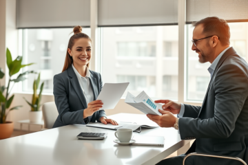Mulher e consultor financeiro sorrindo em escritório iluminado, representando empréstimo rápido para solução financeira sem estresse