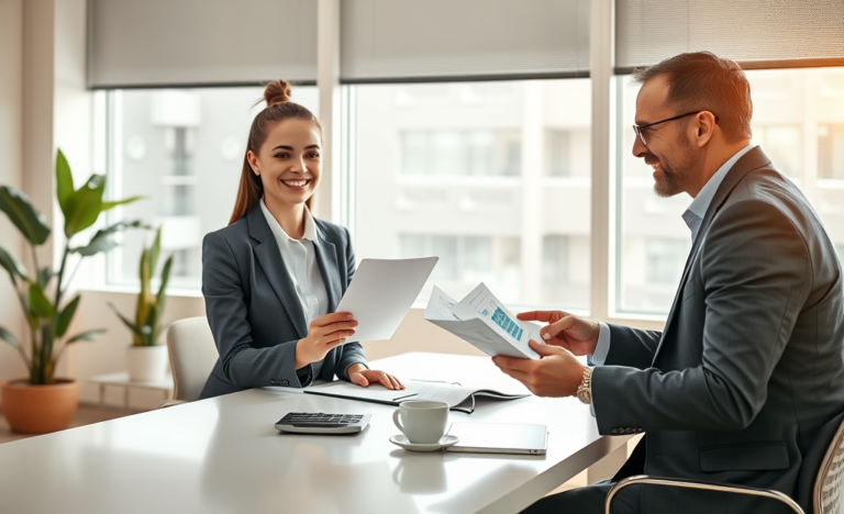 Mulher e consultor financeiro sorrindo em escritório iluminado, representando empréstimo rápido para solução financeira sem estresse