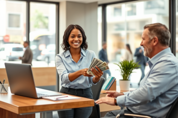Cliente recebendo aprovação ágil e dinheiro em banco moderno para empréstimo rápido com atendimento amigável