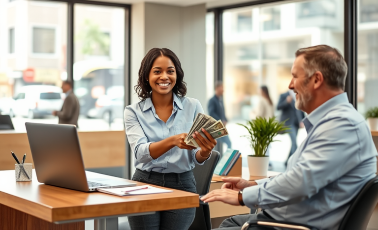 Cliente recebendo aprovação ágil e dinheiro em banco moderno para empréstimo rápido com atendimento amigável