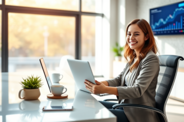 Mulher jovem sorrindo em escritório moderno usando laptop para solicitar empréstimo pessoal sem burocracia com rapidez