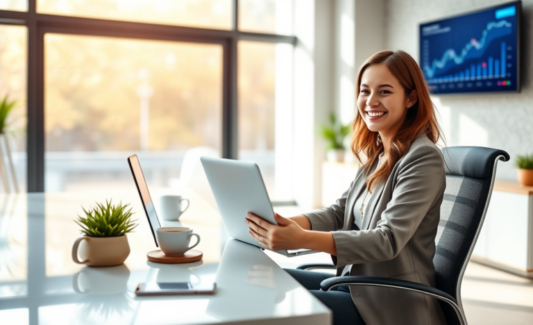 Mulher jovem sorrindo em escritório moderno usando laptop para solicitar empréstimo pessoal sem burocracia com rapidez