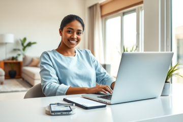 Mulher jovem usando laptop e smartphone em ambiente moderno para simular empréstimo online rápido e prático nos Estados Unidos
