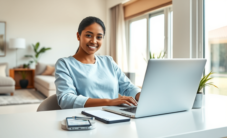Mulher jovem usando laptop e smartphone em ambiente moderno para simular empréstimo online rápido e prático nos Estados Unidos