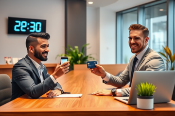 Cliente recebendo empréstimo dinheiro na conta em até 30 minutos com atendimento rápido em banco moderno e iluminado
