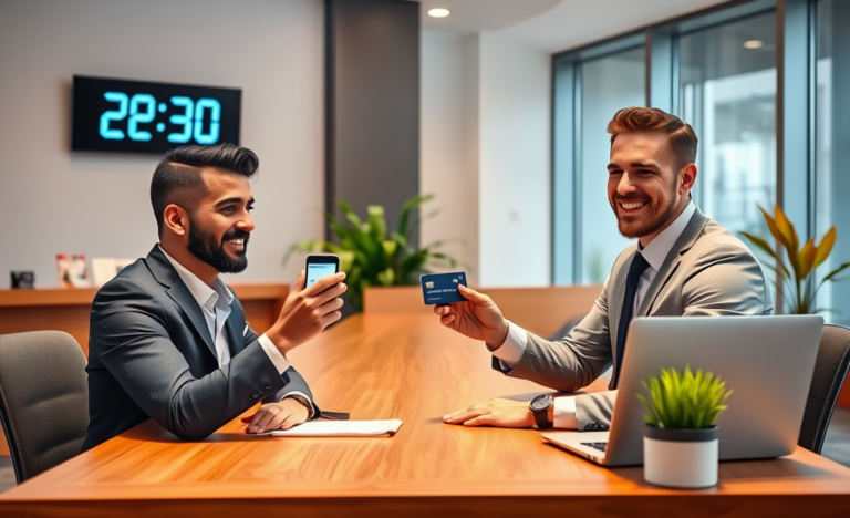 Cliente recebendo empréstimo dinheiro na conta em até 30 minutos com atendimento rápido em banco moderno e iluminado
