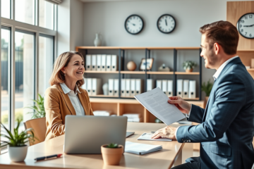 Cliente em escritório moderno recebendo solução rápida e segura de empréstimo para emergências com atendimento profissional