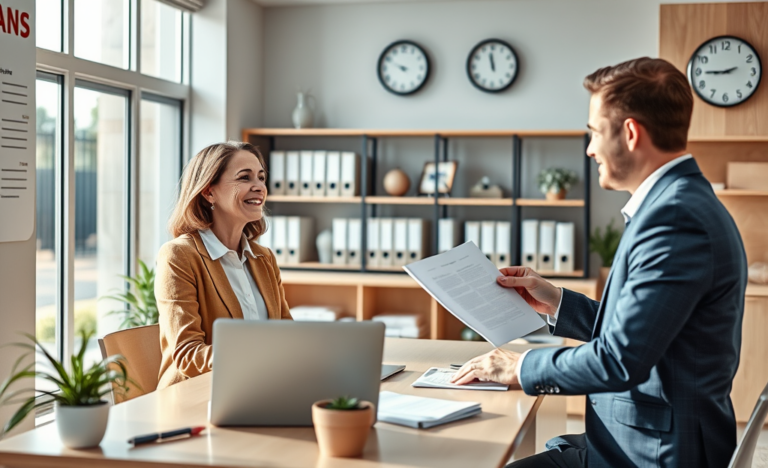 Cliente em escritório moderno recebendo solução rápida e segura de empréstimo para emergências com atendimento profissional