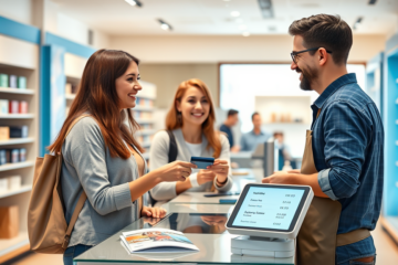 Cliente em loja fazendo compra parcelada com parcelas acessíveis, atendente mostrando terminal de pagamento digital
