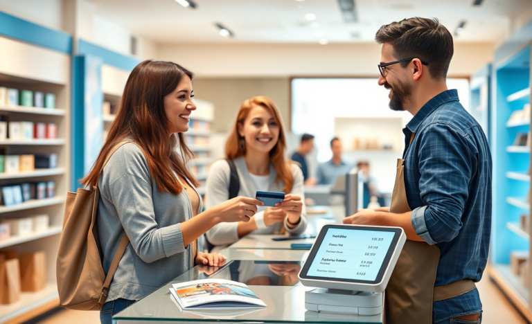 Cliente em loja fazendo compra parcelada com parcelas acessíveis, atendente mostrando terminal de pagamento digital