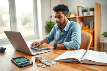 Jovem trabalhando em home office iluminado, com smartphone, dinheiro e mochila, representando dinheiro rápido nos EUA hoje