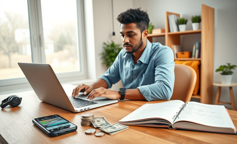 Jovem trabalhando em home office iluminado, com smartphone, dinheiro e mochila, representando dinheiro rápido nos EUA hoje