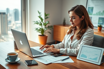 Mulher sentada em ambiente moderno conferindo opções de crédito online de forma segura em laptop, com documentos e dispositivo digital na mesa