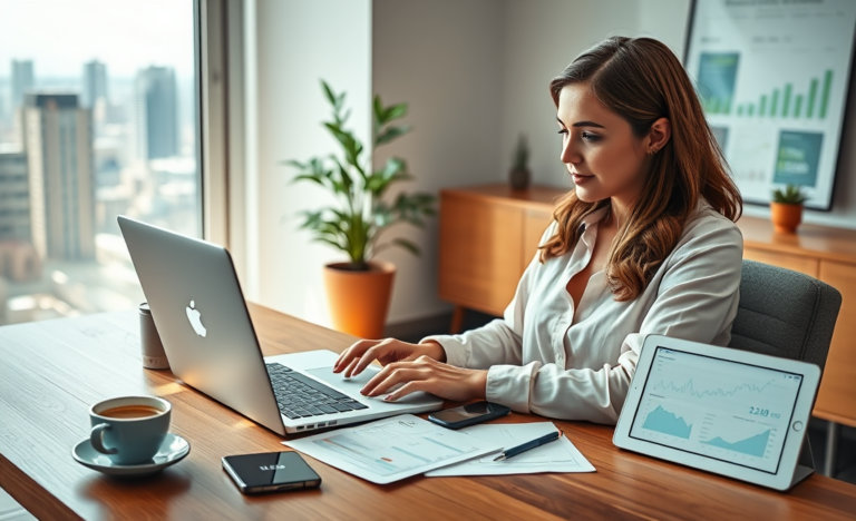 Mulher sentada em ambiente moderno conferindo opções de crédito online de forma segura em laptop, com documentos e dispositivo digital na mesa