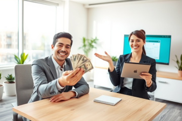Homem recebendo dinheiro imediato em ambiente de escritório moderno representando empréstimo rápido como solução prática