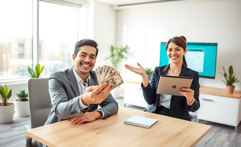 Homem recebendo dinheiro imediato em ambiente de escritório moderno representando empréstimo rápido como solução prática