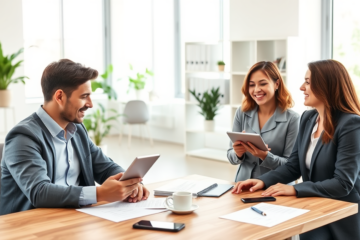 Consultores financeiros conversando com cliente em escritório iluminado sobre como solicitar crédito sem garantias com facilidade