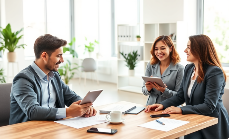 Consultores financeiros conversando com cliente em escritório iluminado sobre como solicitar crédito sem garantias com facilidade
